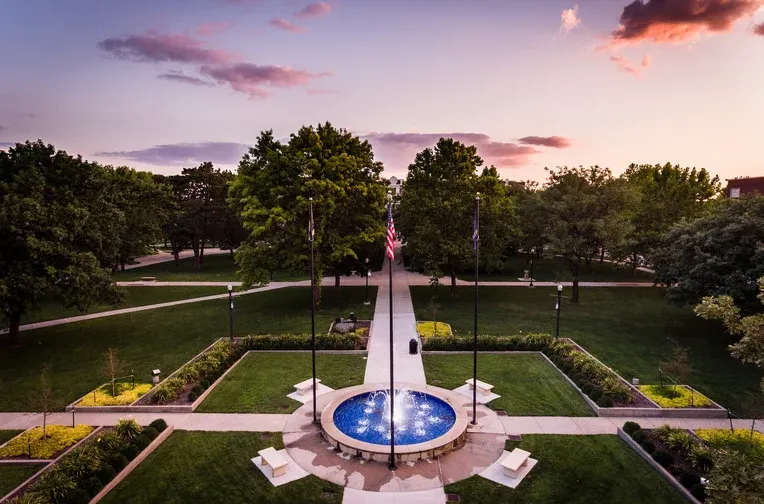 Aerial photo of fountain in front of Emporia State campus